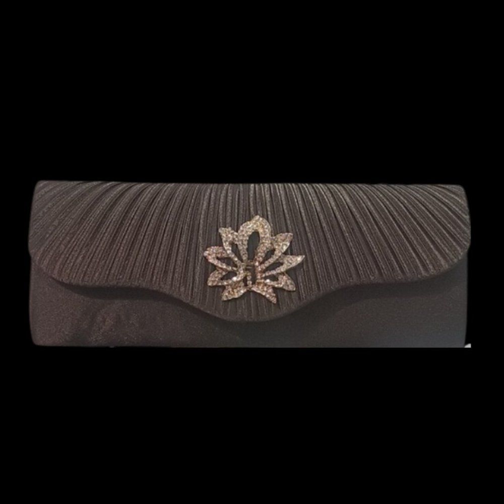Elegant Black Pleated Evening Clutch with Crystal Lotus Brooch